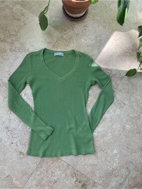Rebecca Beeson Green Waffle V-Neck Top
